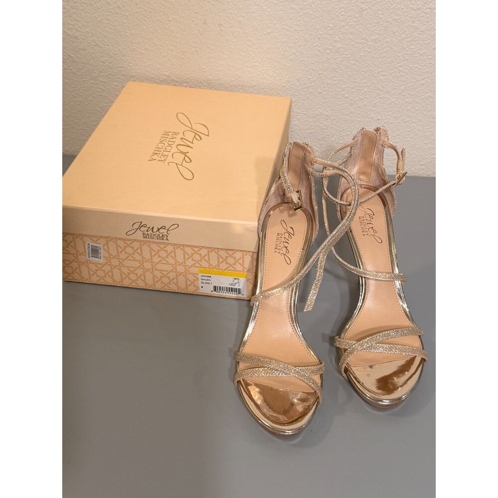 Jewel Badgley Mischka Galen Women’s Size 8 Gold Glitter Strappy Stiletto Heels